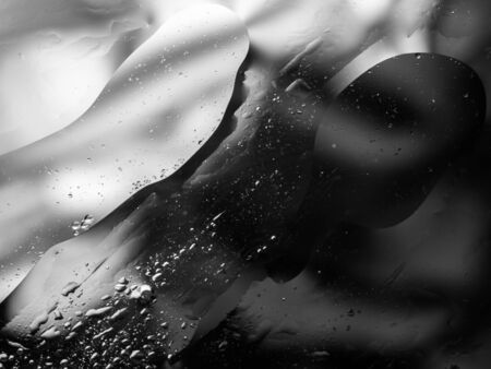Monochrome surreal psychedelic abstract liquid background. Water and oil drops with small air bubblesの写真素材