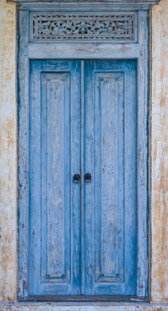The Blue Vintage Wooden Front Door is Closedの写真素材