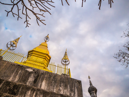 Golden Pagoda on The Top of Phou Si Temple Moutain in Luang Pabang, Laos, Ant Eyes Viewの写真素材