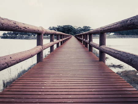 Red Wooden Bridge Walkway in The Swamp Landscape Head to The Park in Art Styleの写真素材