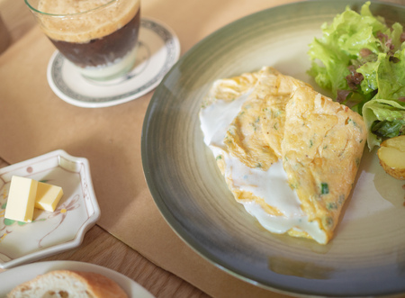 Omelette with White Yogurt Cheese, Potatoes and Organic Salad in The Ceramic Plate and Crispy French...