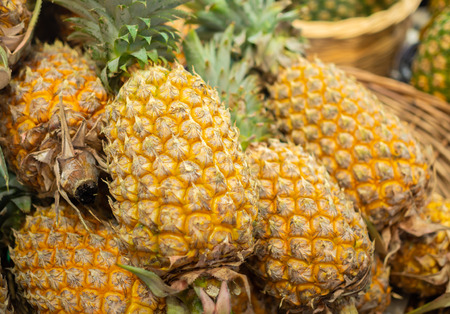 Pile of Pineapple for Sale on Fresh Summer Fruits Marketの写真素材
