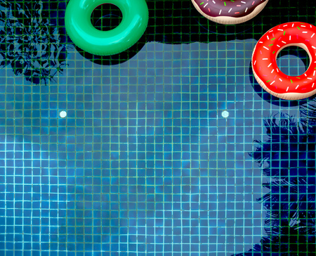 Colorful Pool Float Rings are Floating on Swimming Pool Background, Summer Concept