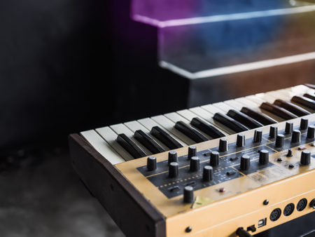 Synthesizers Keyboard, Equipment in Concert Backstage Ready to Playの写真素材