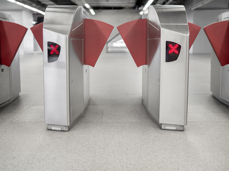 Red Cross Sign on Electronic Ticket Gate in Railway Station in Thailandの写真素材