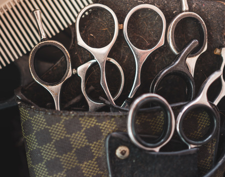 Scissors and White Comb, Tools of Professional Barber for Hair Cut on Leather Pocketの写真素材