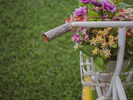 White vintage bicycle and colourful flowers in the white pot in the basket on green grass in the garden. Decoration in park with space.の写真素材