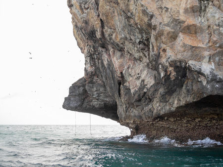 The corner of the rock cliff island mountain in the sea with the birds flying in the sky on sunny day.の写真素材