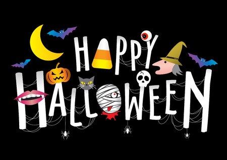 Happy Halloween cute vector. Pumpkin head, bat, mummy, skull, witch, cat, spider, vampire, moon, candy corn on Happy Halloween text banner.のイラスト素材