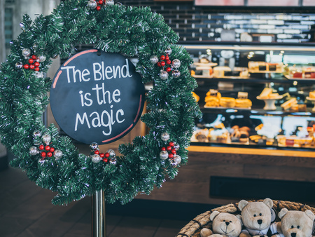 AYUTTHAYA, THAILAND - December 7, 2018: Christmas decoration in Starbucks Coffee shop in Flynow outlet shopping mall on Highway at AYUTTHAYA, THAILAND. Starbucks is the largest coffeehouse company in the world.のeditorial素材