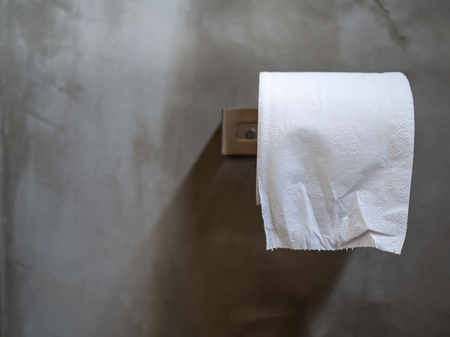 White clean toilet paper rolls in restroom on concrete wall background with copy space.の写真素材