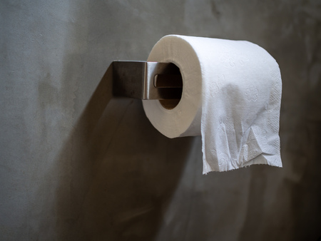 White clean toilet paper rolls in restroom on concrete wall background with copy space.の写真素材