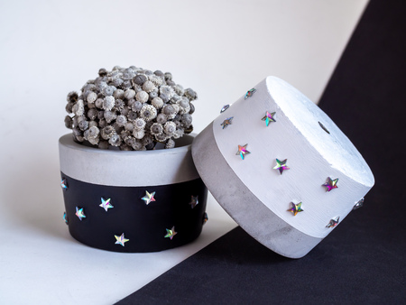Black and white modern round concrete planters with shining star pattern with vintage flower on black and white background. Painted concrete pots for home decorationの写真素材