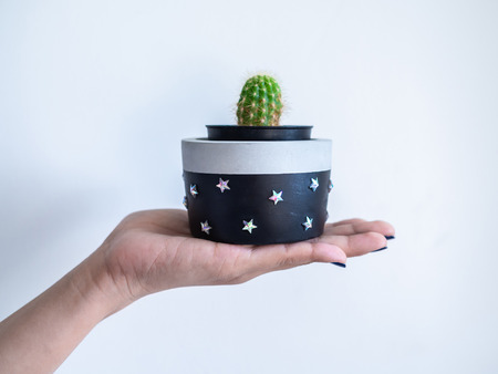 Hand showing black modern round concrete planter with shining star pattern with green cactus plant on white background. Painted concrete pot for home decorationの写真素材
