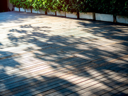 Wooden floor outdoor terrace with sunshine and shadow from tree near the green tree in white pots. Wooden floor space background.の写真素材