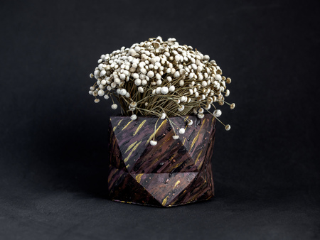 Brown wood pattern painted geometric concrete planter with white vintage flower on dark background. Painted concrete pots for home decorationの写真素材