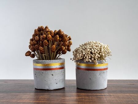 Beautiful painted concrete planter with dried flowers on wooden table on white background. Handmade cement pot for home decoration.の写真素材
