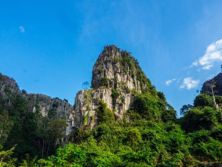 Stone cliff mountain with green forest on blue sky background.の写真素材
