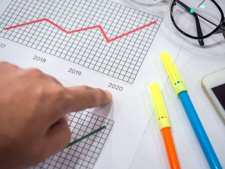 Business goal concept. Close-up hand pointing on 2020 on diagrams graphs with glasses, smartphone and highlighter pen on table.の写真素材