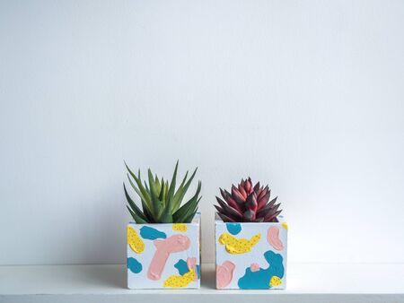 Cactus pot. Concrete pot. Two empty cute geometric concrete planters with succulent plants on white wooden shelf isolated on white wall background.の写真素材
