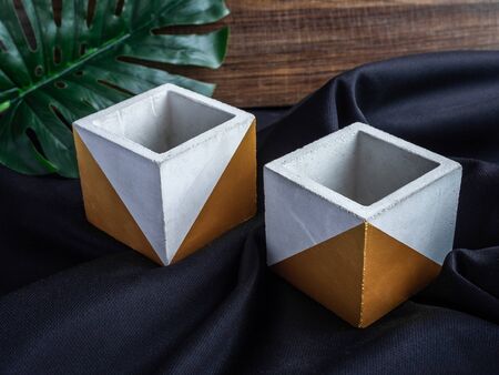 Cactus pot. Concrete pot. Two empty modern geometric concrete planters with gold painted and green...
