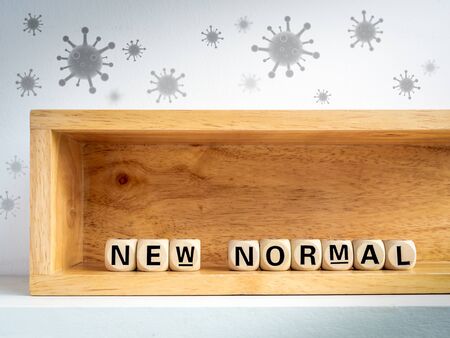 New Normal, words on wooden alphabet cube inside wooden box protecting virus floating in the air. New normal after covid-19 pandemic concept.の写真素材
