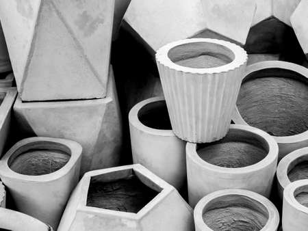 Various concrete pot. Empty geometric cement planter background.の写真素材