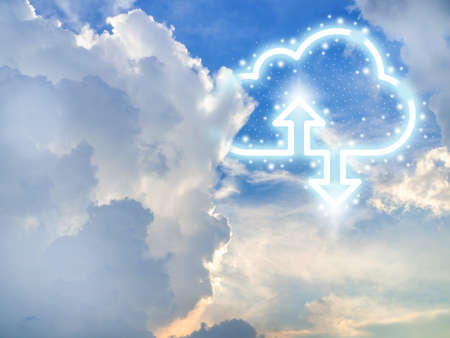 Cloud computing technology concept. Cloud digital storage icon with up and down arrows on blue sky...