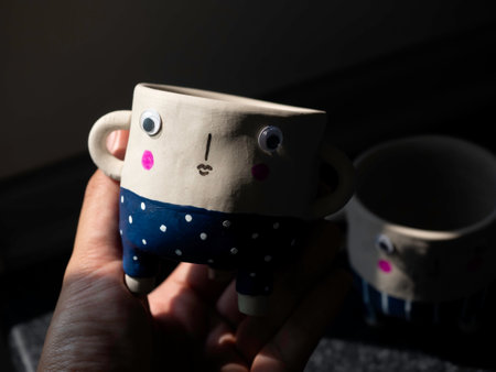 Cute face ceramic plant pot in hand. Close-up hand holding small modern DIY cement planters trendy decoration.の写真素材