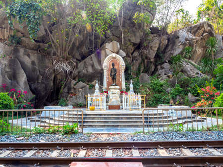 SARABURI, THAILAND. March 20, 2021: Pha Sadet historical railway station with the great King Rama 5 monument near train tracks and rock mountain.のeditorial素材