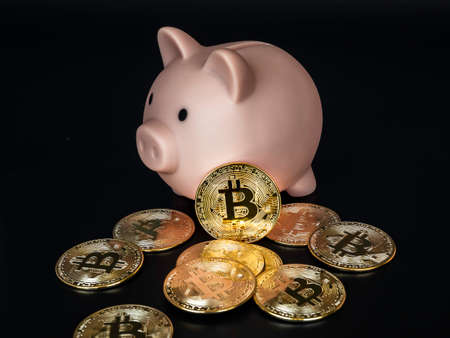 Bitcoin technology background. Golden bitcoin with the pink piggy bank on dark background. Digital wallet, benefit of cryptocurrency investment and saving concept.の写真素材
