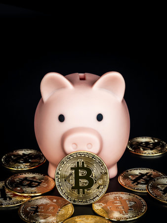 Bitcoin technology background. Golden bitcoin with the pink piggy bank on dark background with copy space, vertical style. Digital wallet, benefit of cryptocurrency investment and saving concept.の写真素材