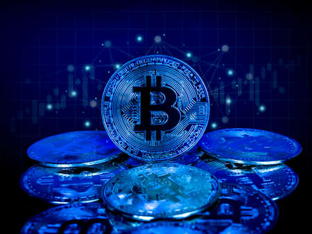 Bitcoin technology background. Blue tone bitcoin with network transfer on dark background, cryptocurrency investment concept. Digital future coin currency financial background.の写真素材