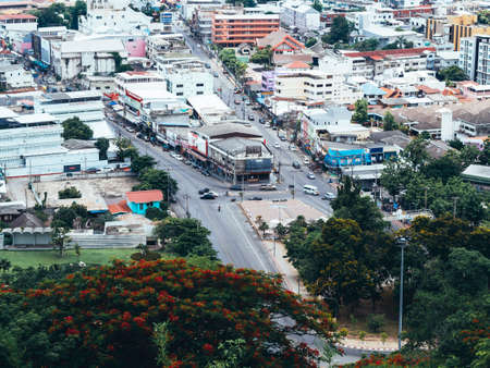 Nakhon Sawan, Thailand - May 15, 2021: High view of Nakhon Sawan cityscape, view from Wat Woranat Banphot.のeditorial素材