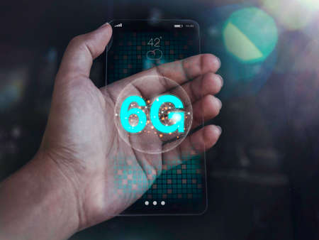 Futuristic modern transparent glass phone technology concept. 6G high-speed network mobile internet...