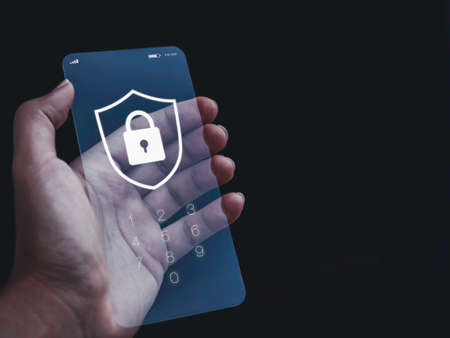 Smartphone security and privacy concept. White shield and lock icon graphic with numbers for...