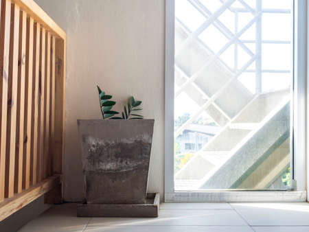 Large old geometric concrete pot with green leaves decoration near the glass door to the outside near the fire exit stairway in the building.の写真素材