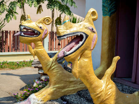 FEBRUARY 15, 2021: NAKHON SAWAN, THAILAND. Cute animal sculpture with innocent, art naive style made by abbot, Luang Phor Riew in the old antique church at Wat Makkah Rangsarit (Wat Takhro).のeditorial素材