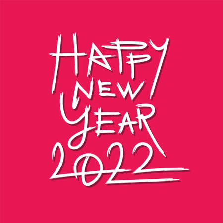2022 Happy new year background, white script text hand lettering on pink background, minimal style....