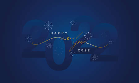 2022 Happy new year background with gold script text hand lettering on blue background with fireworks. Vector Illustration. Design template Celebration typography poster, banner, or greeting card.のイラスト素材