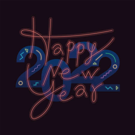 2022 Happy new year background with neon light script text hand lettering, dark background, minimal style. Vector Illustration. Design template Celebration typography poster, banner, or greeting card.のイラスト素材