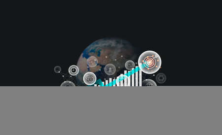 2022 Happy New year banner with goal target and successful concept. 2022 numbers on wooden cube blocks with a modern growth chart, business strategy icons, and earth on dark background.の写真素材