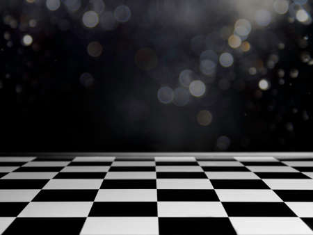 Empty chessboard background floor pattern in perspective on dark background with bokeh. Chess board on black background, black and white style.の写真素材