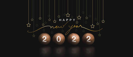 2022 Happy new year banner. 2022 year number on wooden spheres with gold script text hand lettering...