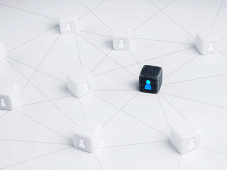 Black difference dice cube with people icon connected with white dices on white background. Society...
