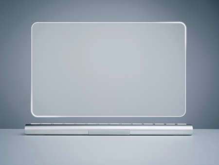 Blank virtual screen desktop monitor and modern silver keyboard on white desk and grey background. Empty space mockup on transparency curved virtual screen, future technology background concept.の写真素材