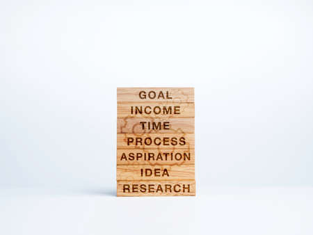 7 options or steps infographic for business concept. Stack of wooden blocks with words of the key to success and icons on white background.の写真素材