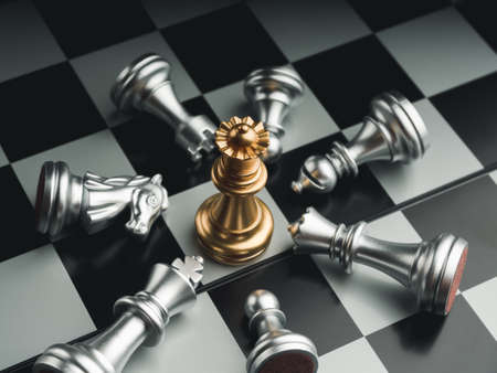 The golden queen chess piece standing with falling silver knight, rook, bishop, pawn pieces on chessboard on dark background, top view. Leadership, winner, competition, and business strategy concept.の写真素材