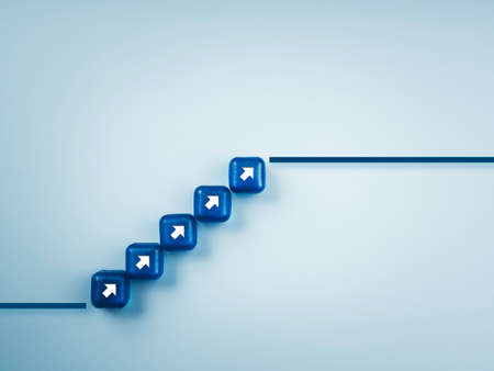 White rising arrows, increase symbol on blue cube blocks stacking as a chart step stair on a light blue background with copy space. Business growth, profit, and success process concept, minimal style.の写真素材