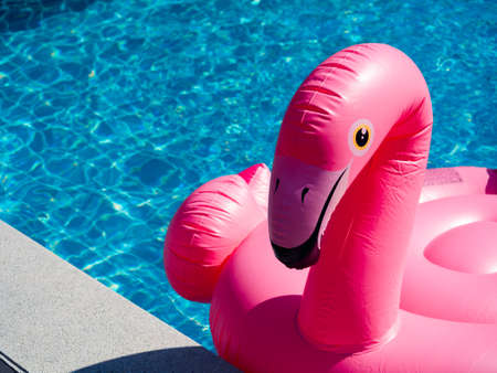 Close up the pink inflatable ring, flamingo in the swimming pool with copy space. Flamingo swim ring for summer beach.の写真素材